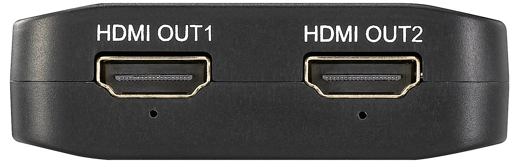 Zařízení se dvěma HDMI výstupy, označené "HDMI OUT1" a "HDMI OUT2". Určené pro připojení více obrazovek z jednoho zdroje.