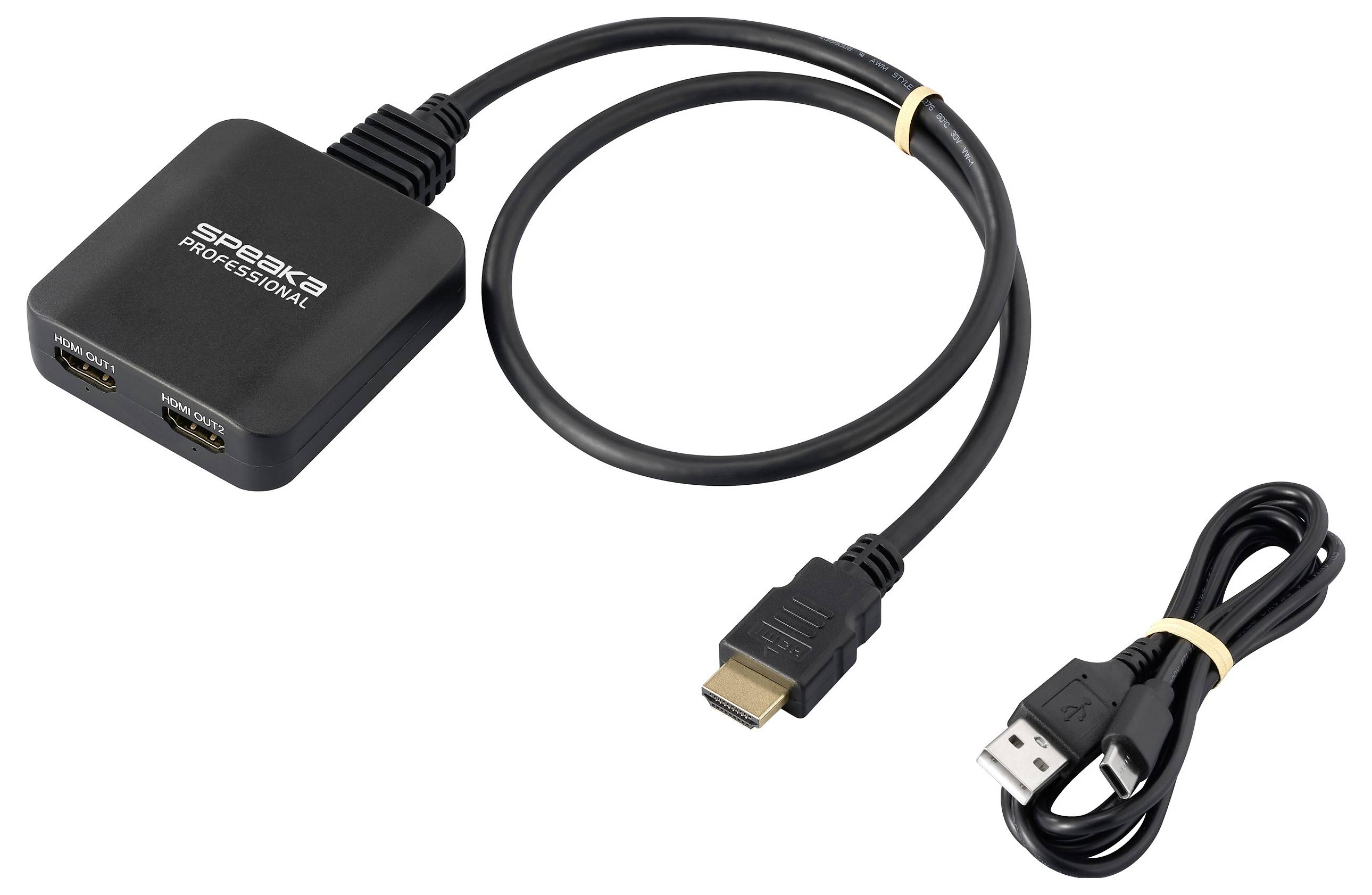 HDMI-rozdělovač se dvěma výstupy a USB napájecím kabelem, který umožňuje současné zobrazení HDMI signálu na dvou obrazovkách.