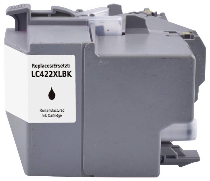Šedý náhradní inkoustový cartridge označený štítkem "Replaces/Ersetzt: LC422XLBK," zobrazený na jednobarevném pozadí.