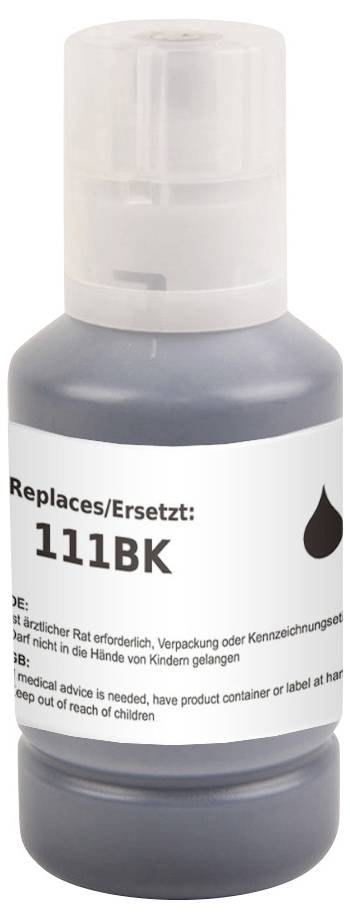 Láhev černého inkoustu označená štítkem 111BK, s návodem k použití v několika jazycích. Uchovávejte mimo dosah dětí.