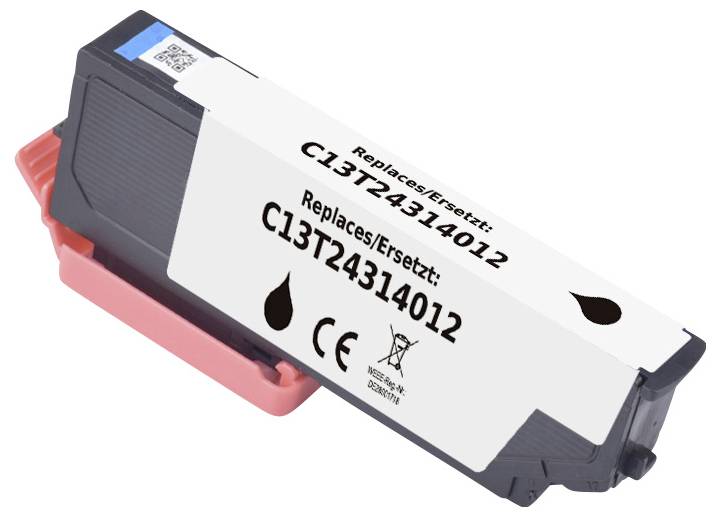 Černá tisková inkoustová kazeta označená štítkem „Replaces/Nahrazuje: C13T24314012" s ikonou kapky a značkou CE.