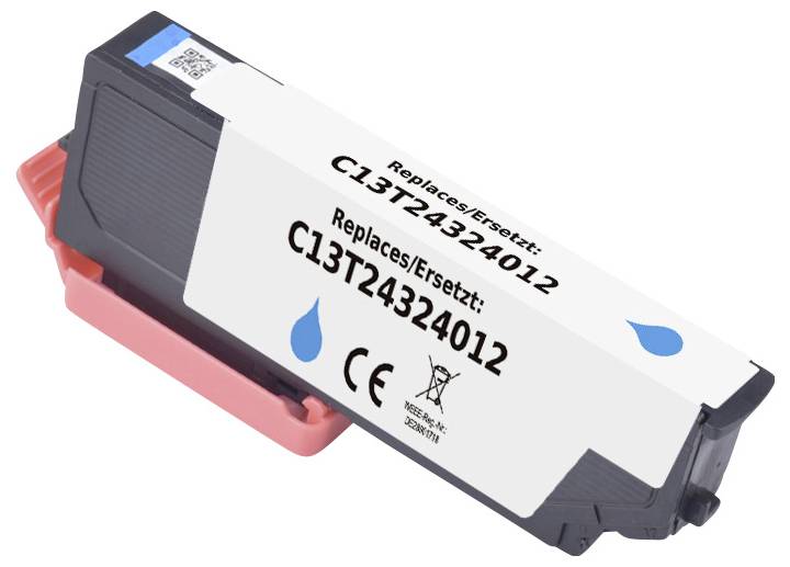 Černá inkoustová cartridge označená štítkem 'Replaces/Ersetzt: C13T24324012', kompatibilní s určitými tiskárnami, s vyznačenými symboly CE a recyklace.