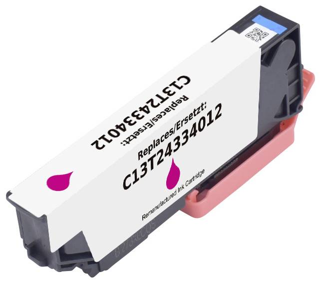 Černá inkoustová cartridge s bílým štítkem, na kterém je napsáno 'Replaces/Ersetzt: C13T24334012' a nachází se na ní symbol růžové kapky.