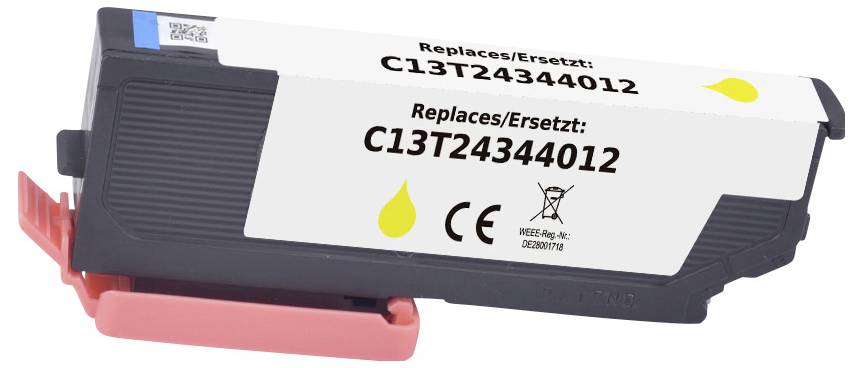 Žlutá inkoustová kazeta označená "Nahrazuje: C13T24344012" s recyklačním symbolem a výstražnými ikonami.