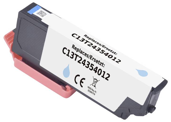 Černá tisková inkoustová kazeta označená štítkem 'Náhrada/Replaces: C13T24354012' s ikonami vodních kapek, která je určena pro specifické modely tiskáren.
