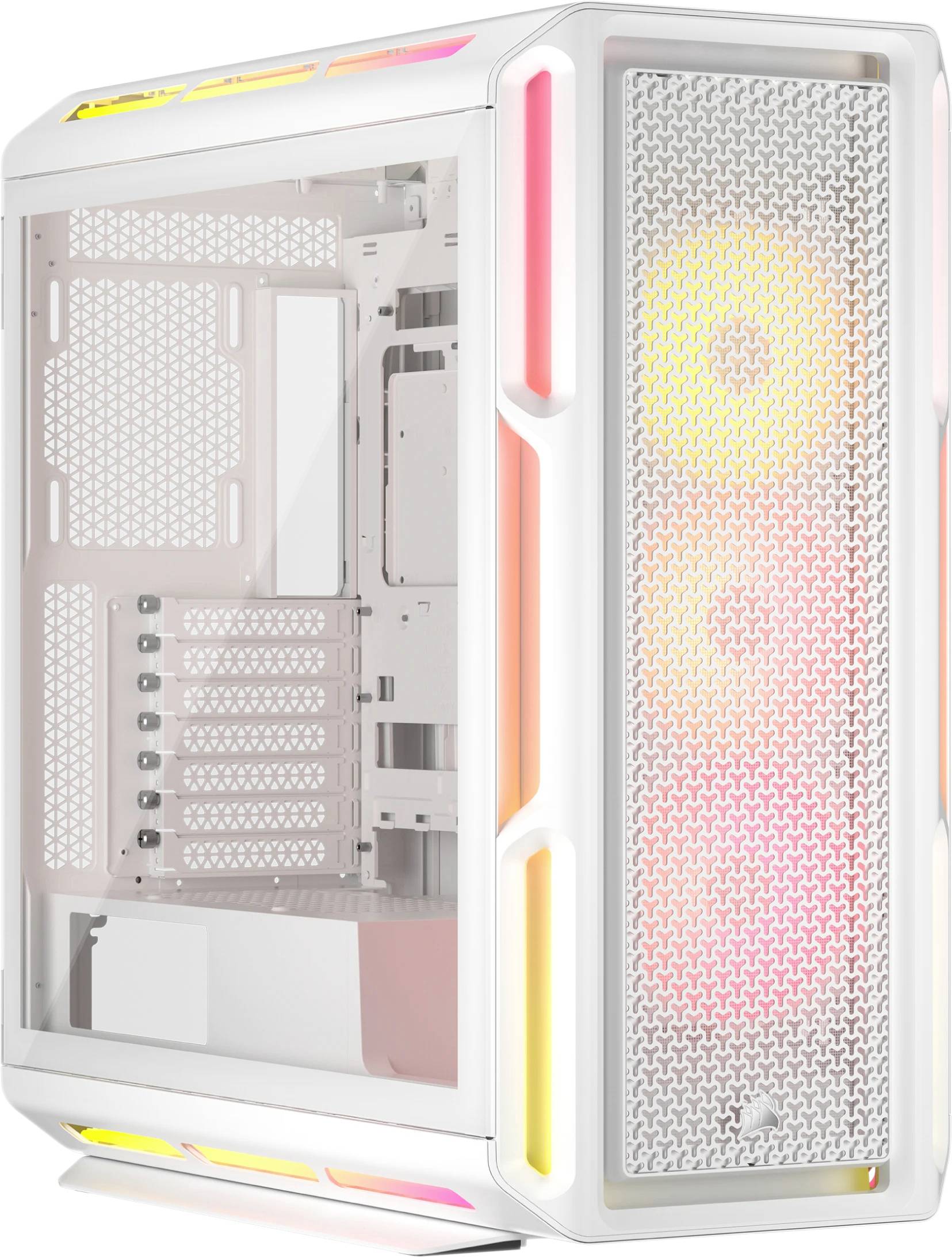 Bílé počítačové pouzdro s průhlednou boční stranou, viditelnými ventilátory a barevnými RGB světelnými efekty.