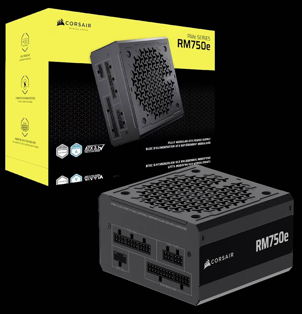 Napájecí zdroj 'Corsair RM750e' na černém pozadí, vpředu samotný produkt, vzadu žlutý obal s logem a číslem modelu.