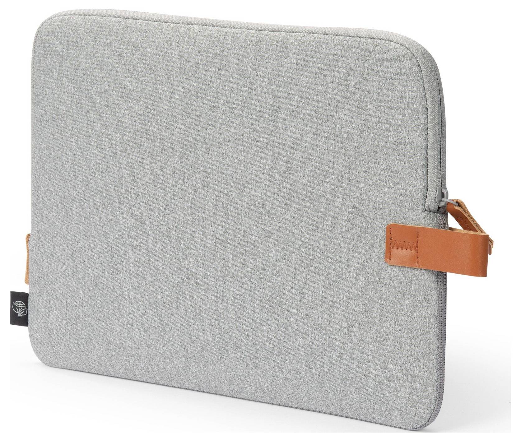 Šedá taška na notebook se zipem a hnědými koženými popruhy po straně, jednoduché designové provedení. Ideální pro ochranu notebooku.