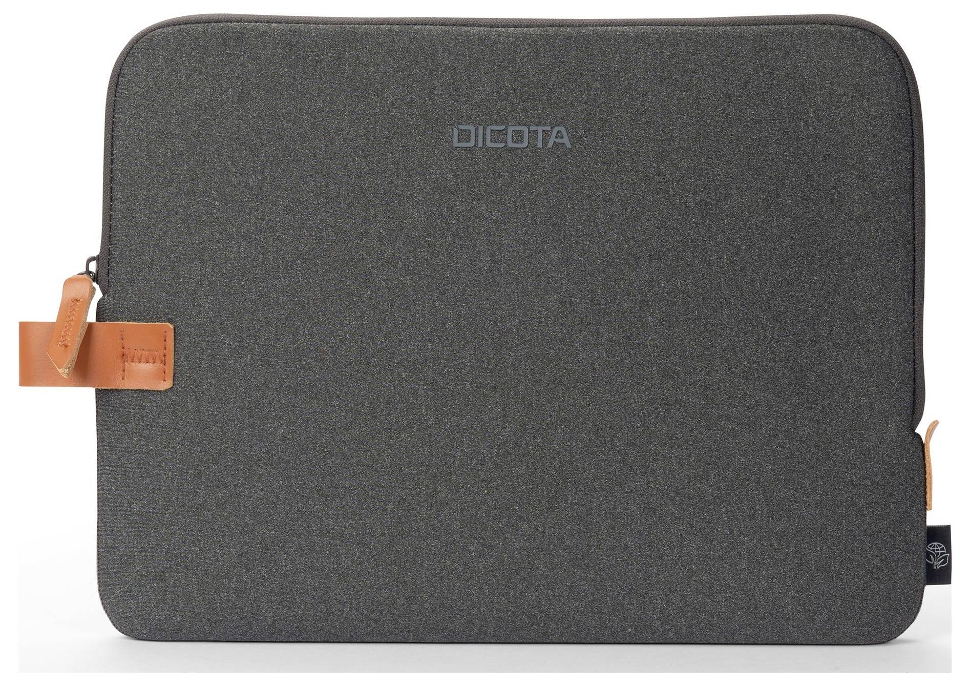 Šedá látkový obal na notebook s oranžovými akcenty a zipem, na kterém je vyobrazena značka "Dicota".
