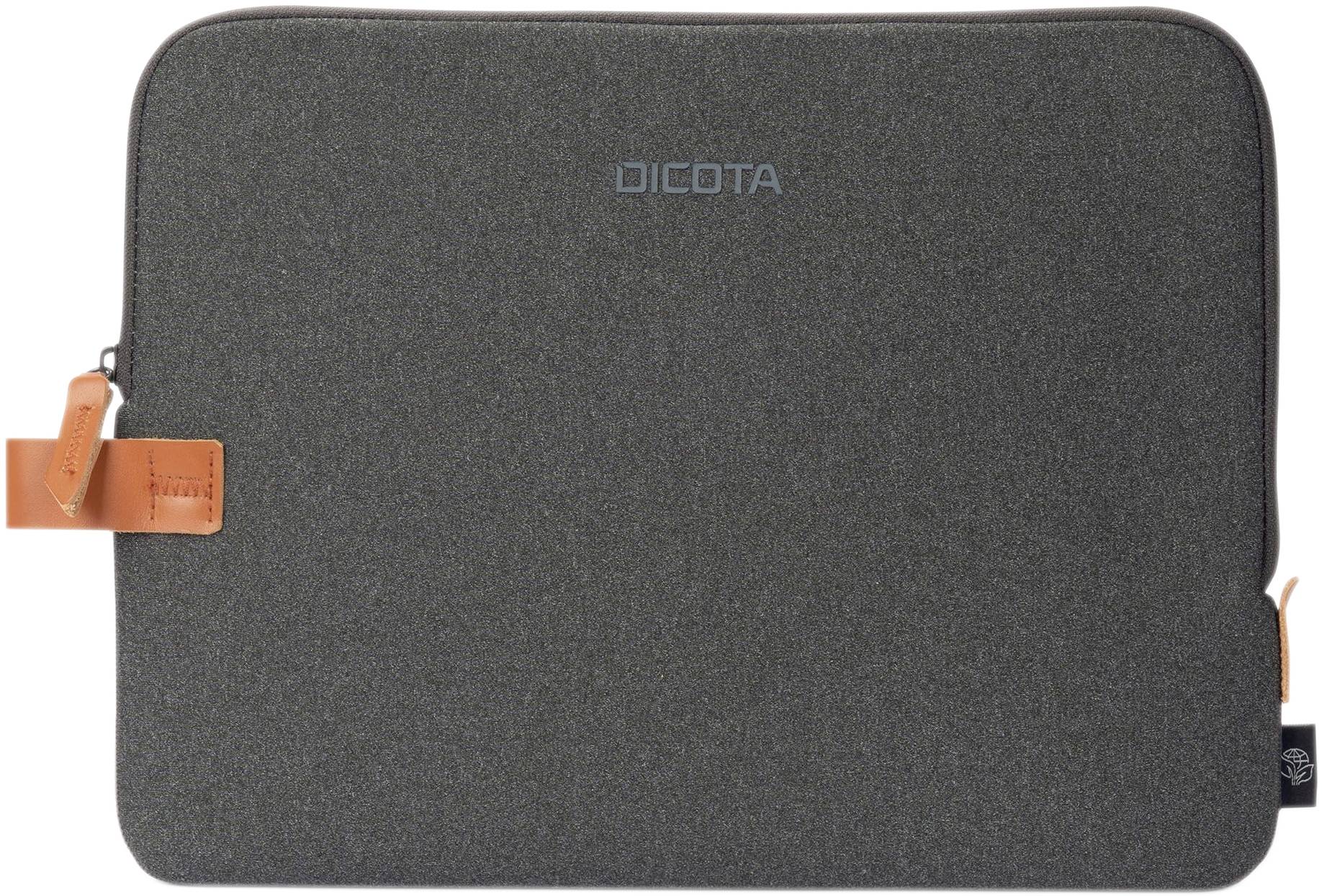 Jednoduchá šedá brašna na notebook se zipem a oranžovým akcentem. Nahoře je nápis 'DICOTA'.