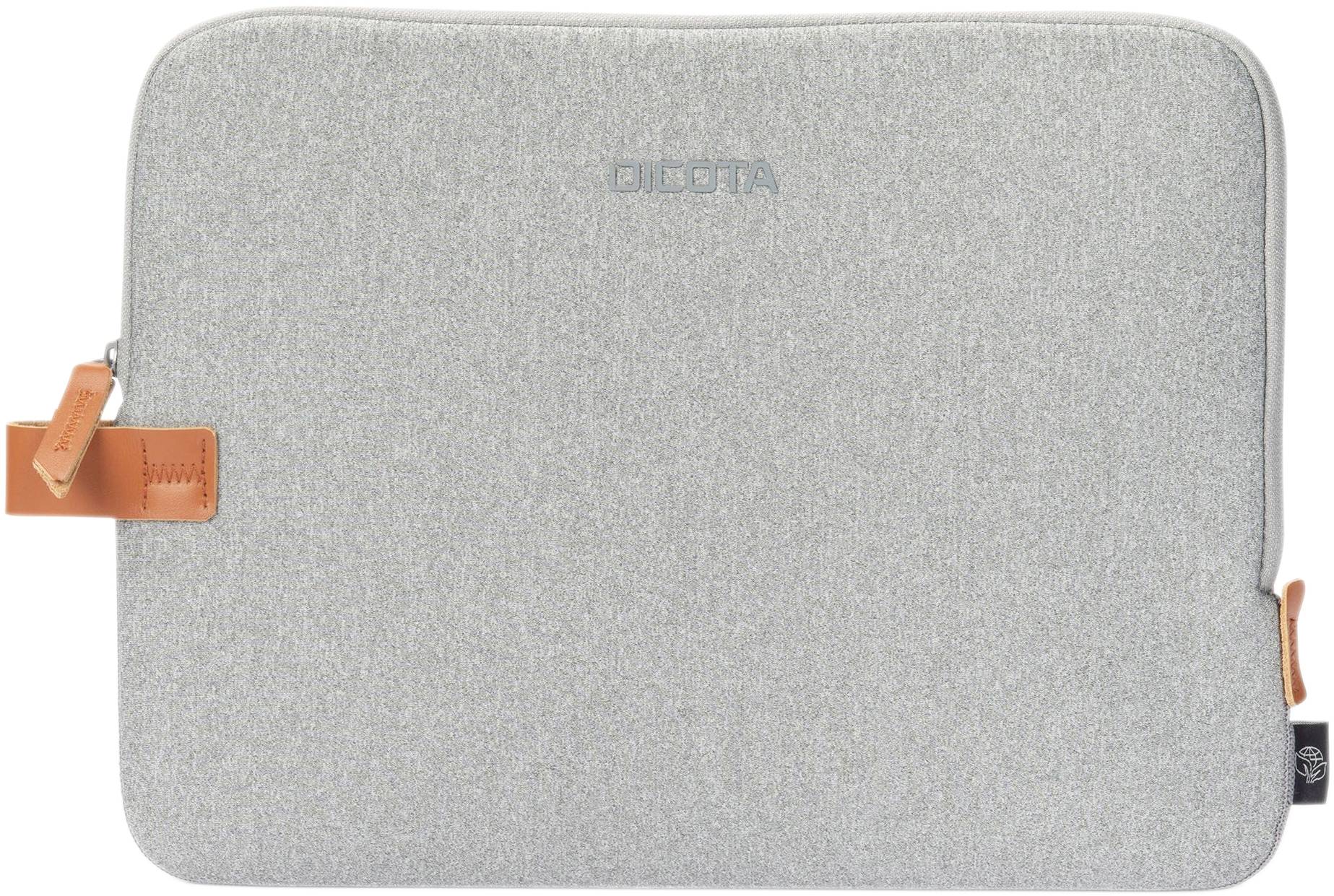 Šedé pouzdro na notebook se zipem a oranžovým koženým detailem vlevo.