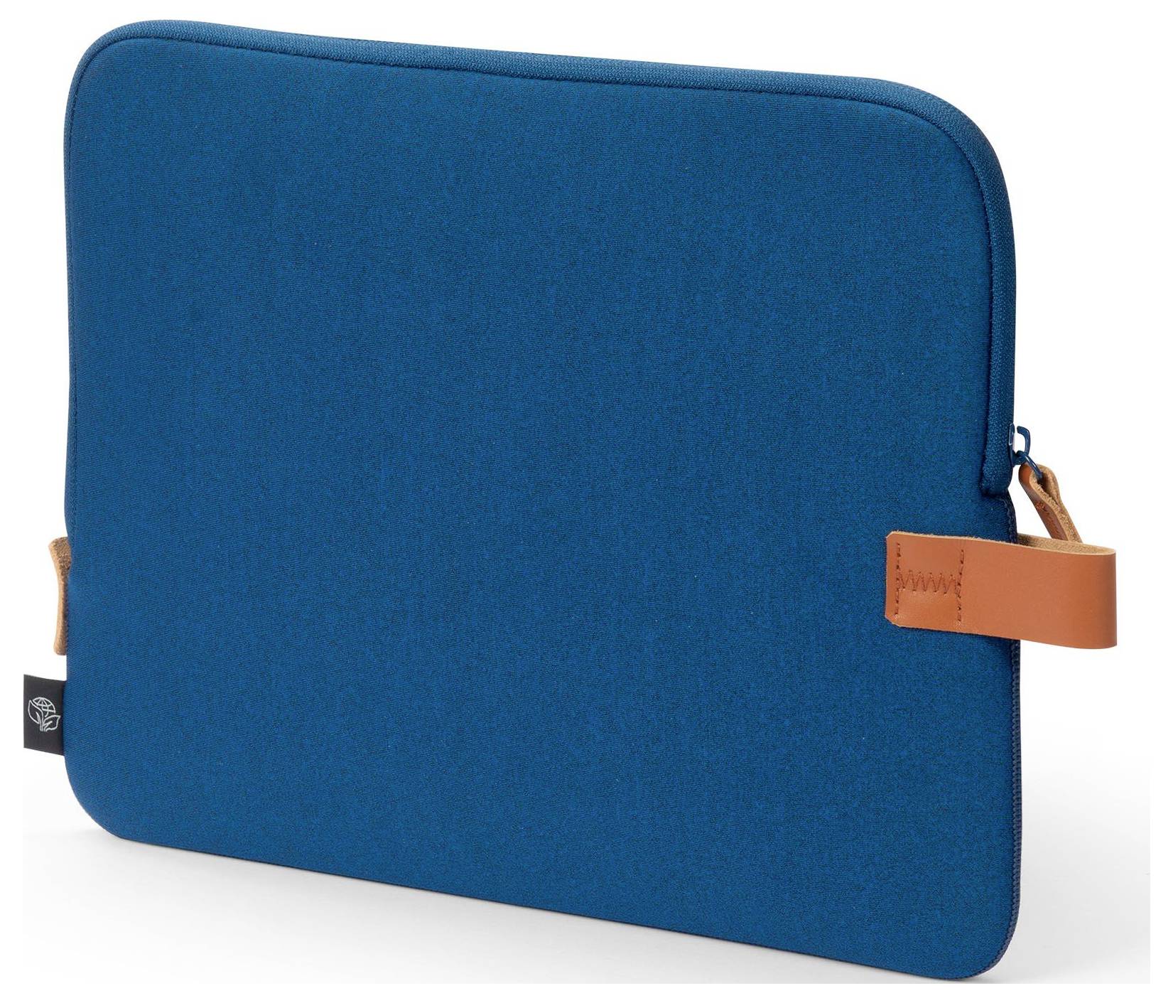 Modrý obal na notebook s hnědou rukojetí po straně.