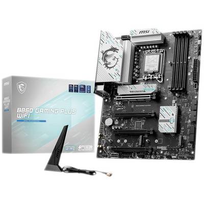 Základní deska MSI B560 Gaming Plus WiFi umístěná vedle své originální krabice a WiFi antény, s logy a technickými informacemi zobrazenými na obalu.