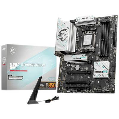 Základní deska MSI B650 Gaming Plus WiFi umístěná vedle své krabice. Obsahuje WiFi anténu. Podporuje procesory AMD Ryzen.