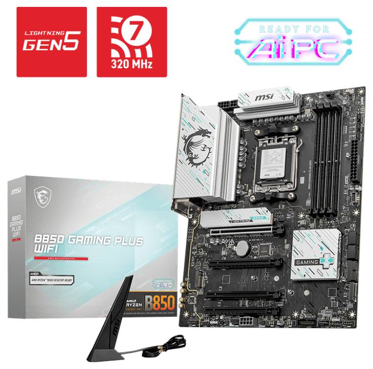 Základní deska MSI B550 GAMING PLUS WIFI s AMD socketem. Obsahuje balení a anténu. Vhodná pro herní počítače s Wi-Fi a 320 MHz.