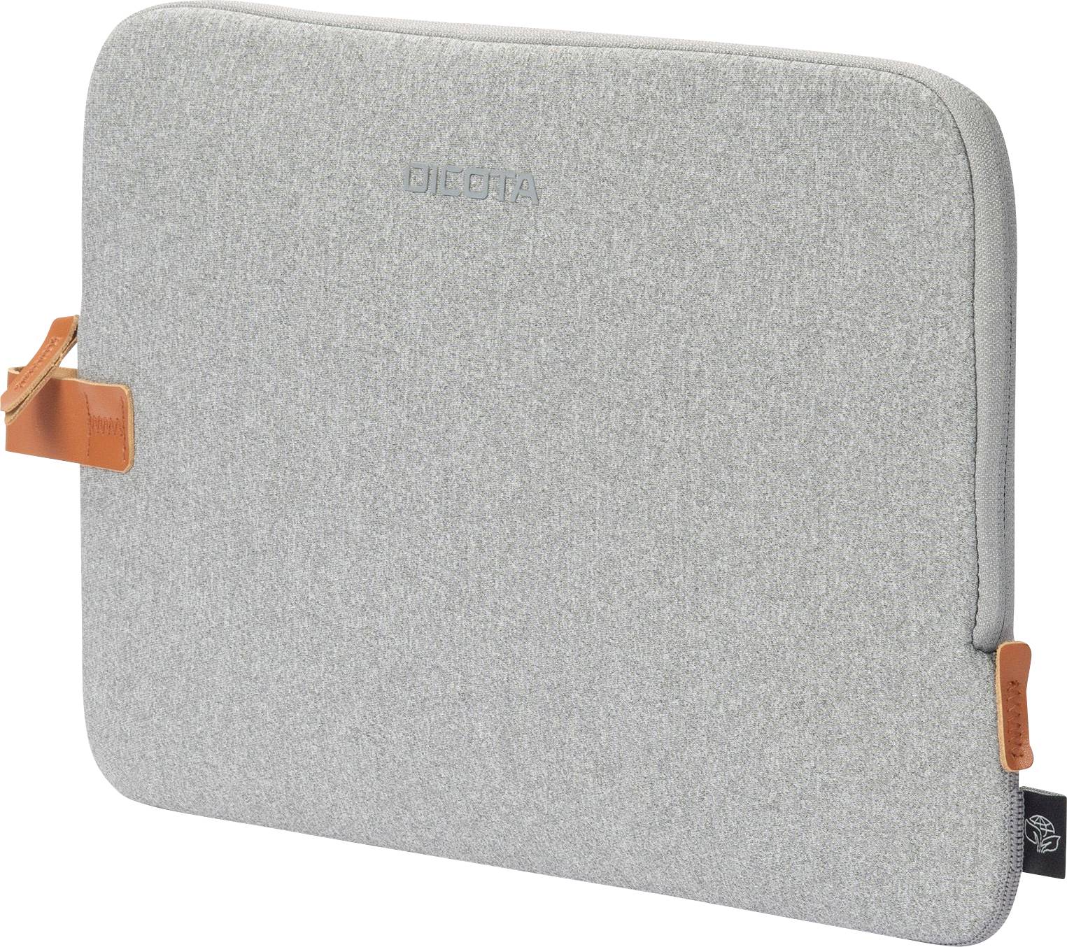 Šedý látkový obal na notebook s oranžovým koženým akcentem na jezdci zipu. Na přední straně je vytlačen název značky 'DICOTA'.