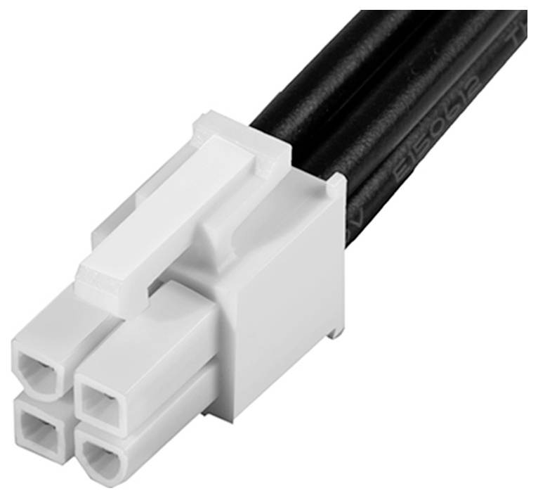 Kabel s bílou 4-pólovou zástrčkou na dvou černých vodičích. Zástrčka má západku pro zacvaknutí.