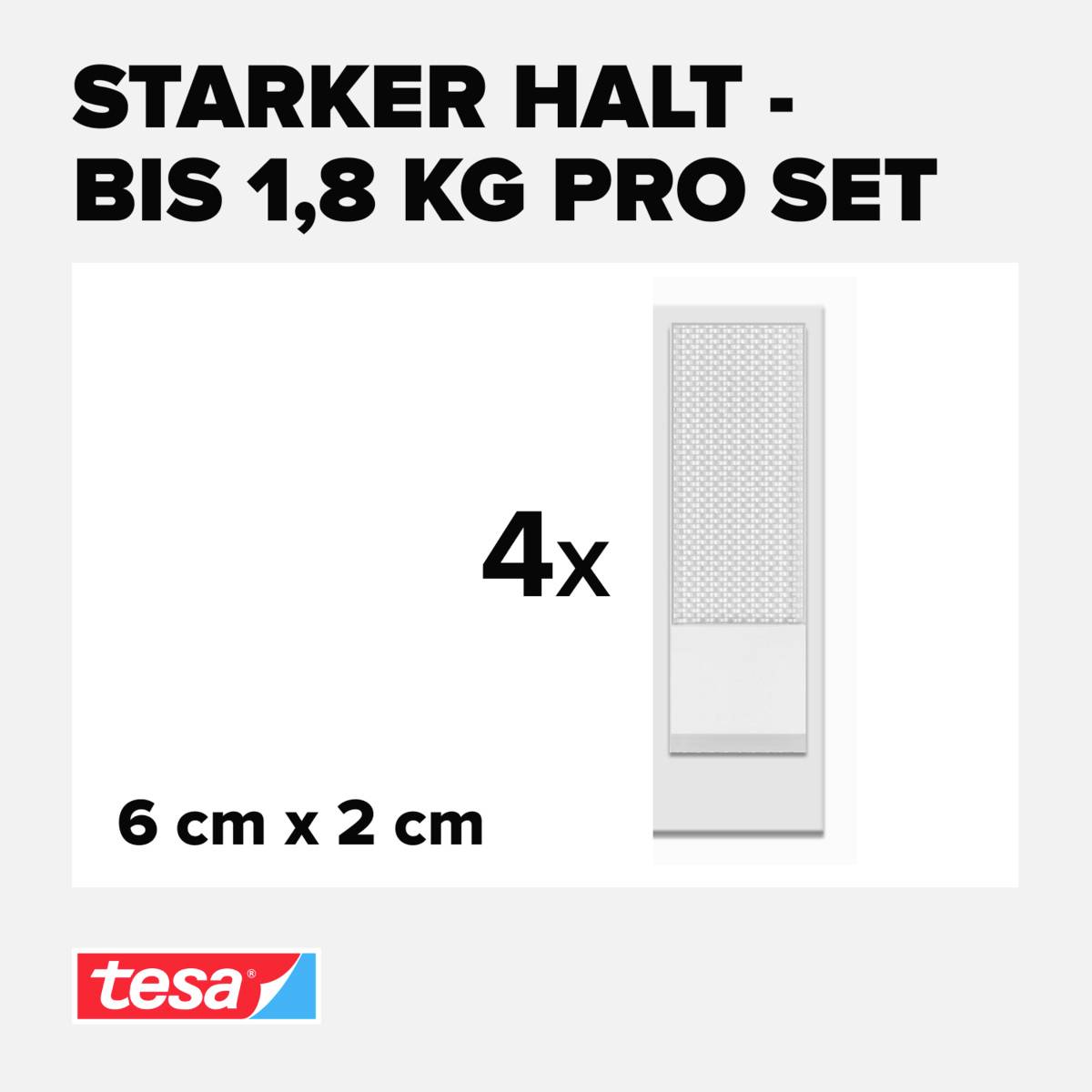 Silné upevnění - až 1,8 kg na sadu: 4x lepicí pásky, 6 cm x 2 cm.<br><br>[Tesa logo dole vlevo]