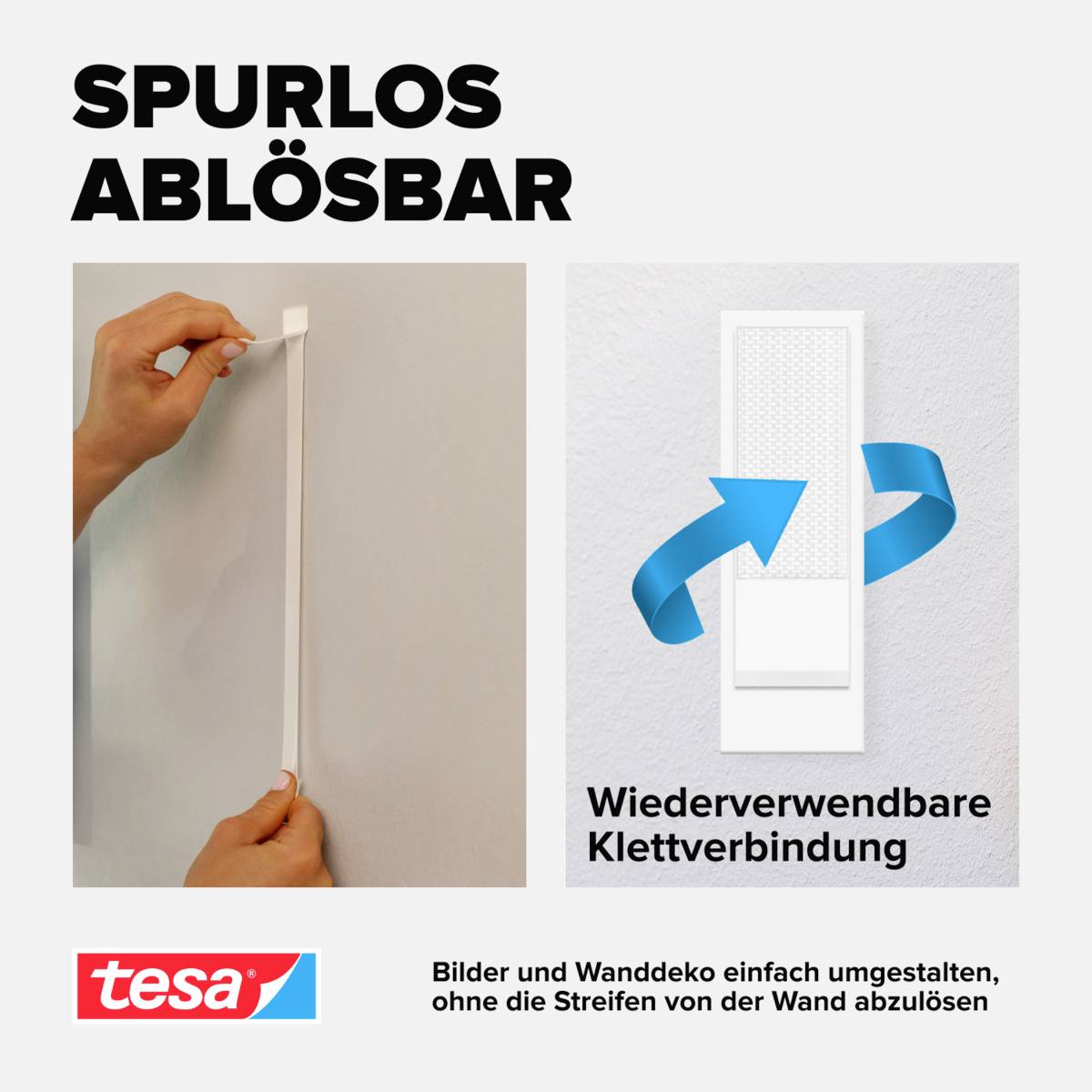 Jedna ruka stahuje oddělitelnou lepicí pásku ze zdi. Text: 'Beze stop oddělitelná', 'Opakovaně použitelné suchým zipem'.