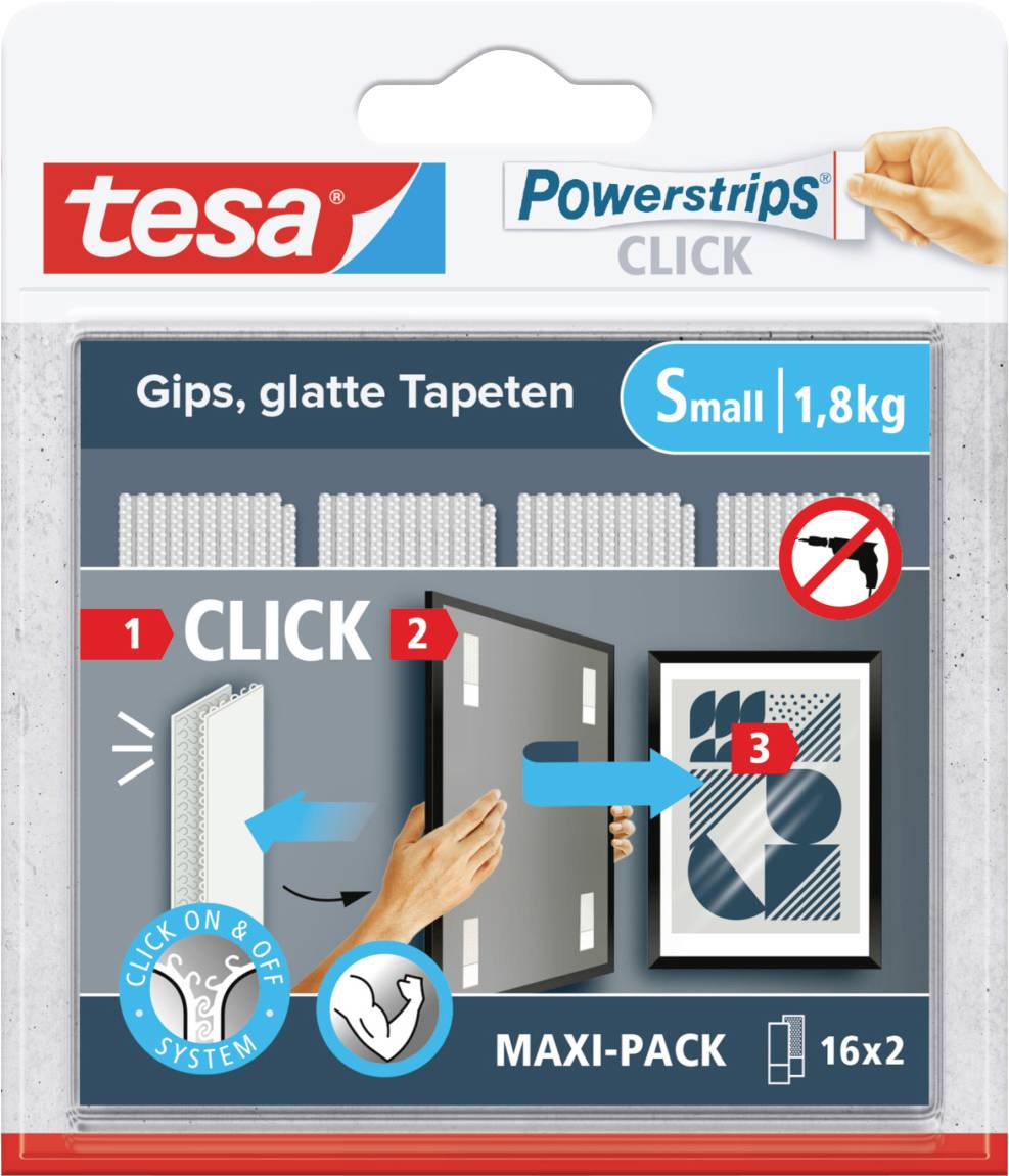 Balení Tesa Powerstrips Click. Zobrazuje návod ve třech krocích pro upevnění předmětu na stěnu. Unese zatížení až 1,8 kg.
