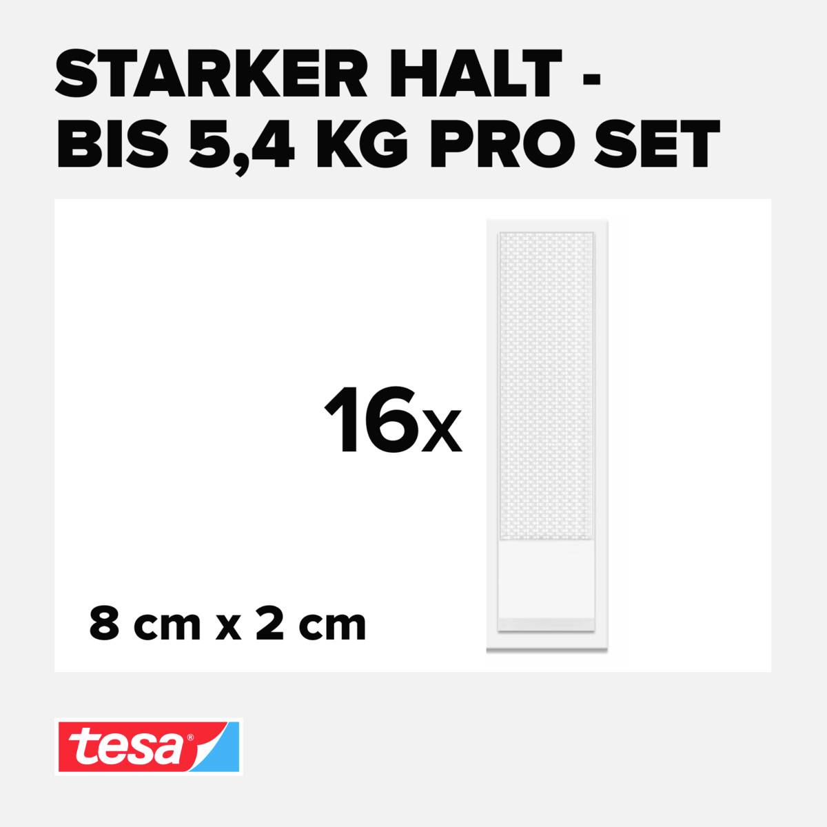'Silné uchycení - Až 5,4 kg na sadu', zobrazuje 16 opakovaně použitelných suchých zipů, velikost 8 cm x 2 cm, od značky tesa.
