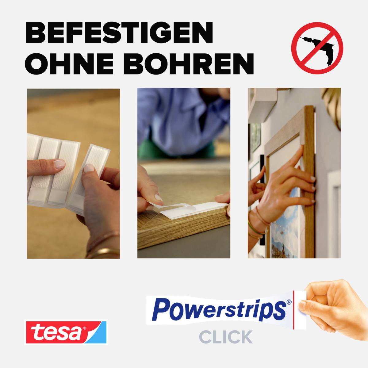 'Upevnění bez vrtání: Ukazuje použití lepicích pásek na stěnách. Firemní logo: tesa a Powerstrips. Symbol zákazu vrtání.'