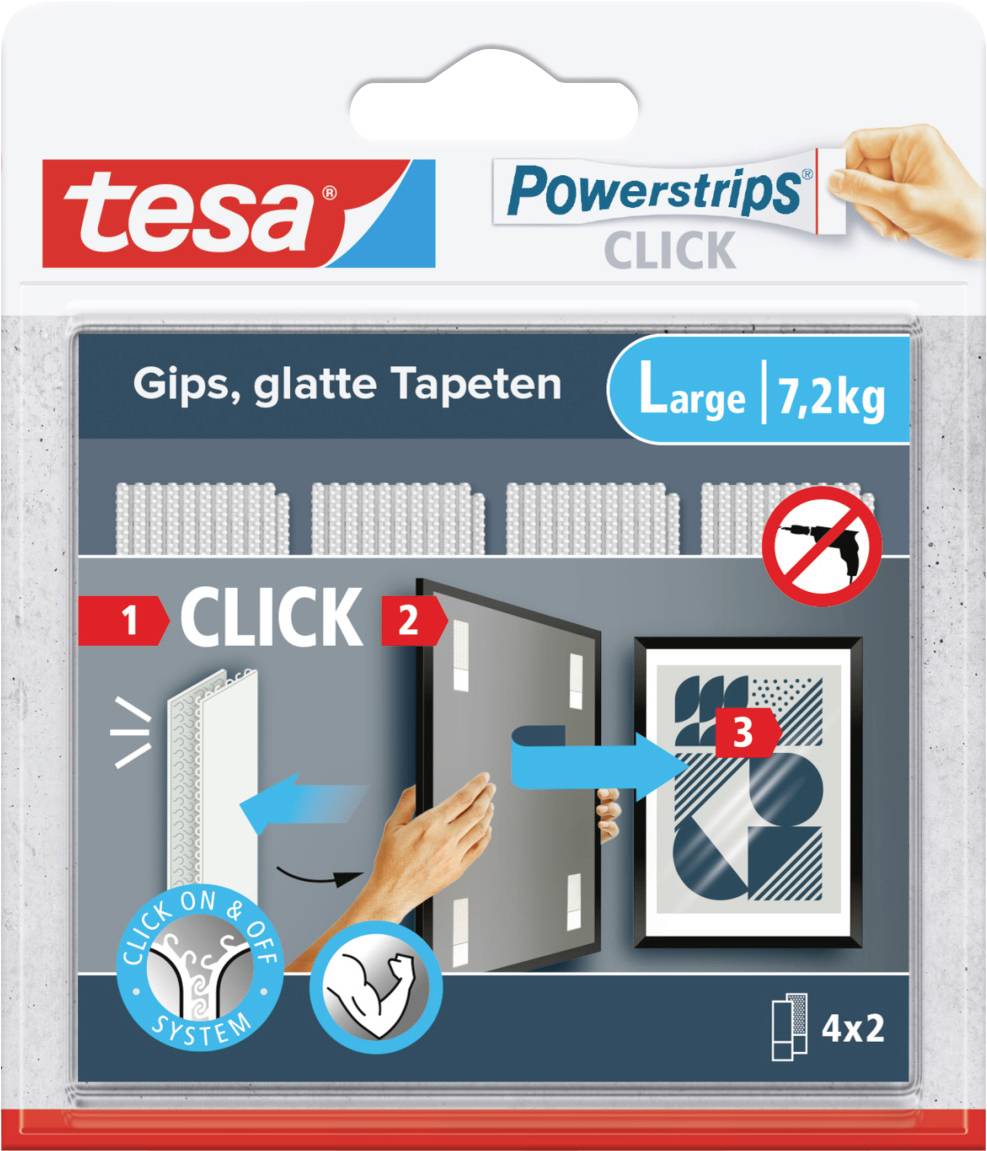 Balení tesa Powerstrips CLICK, velikost Large, pro hladké povrchy do 7,2 kg. Návod: 1. Upevněte proužek, 2. Zatlačte háček, 3. Zavěste předmět.