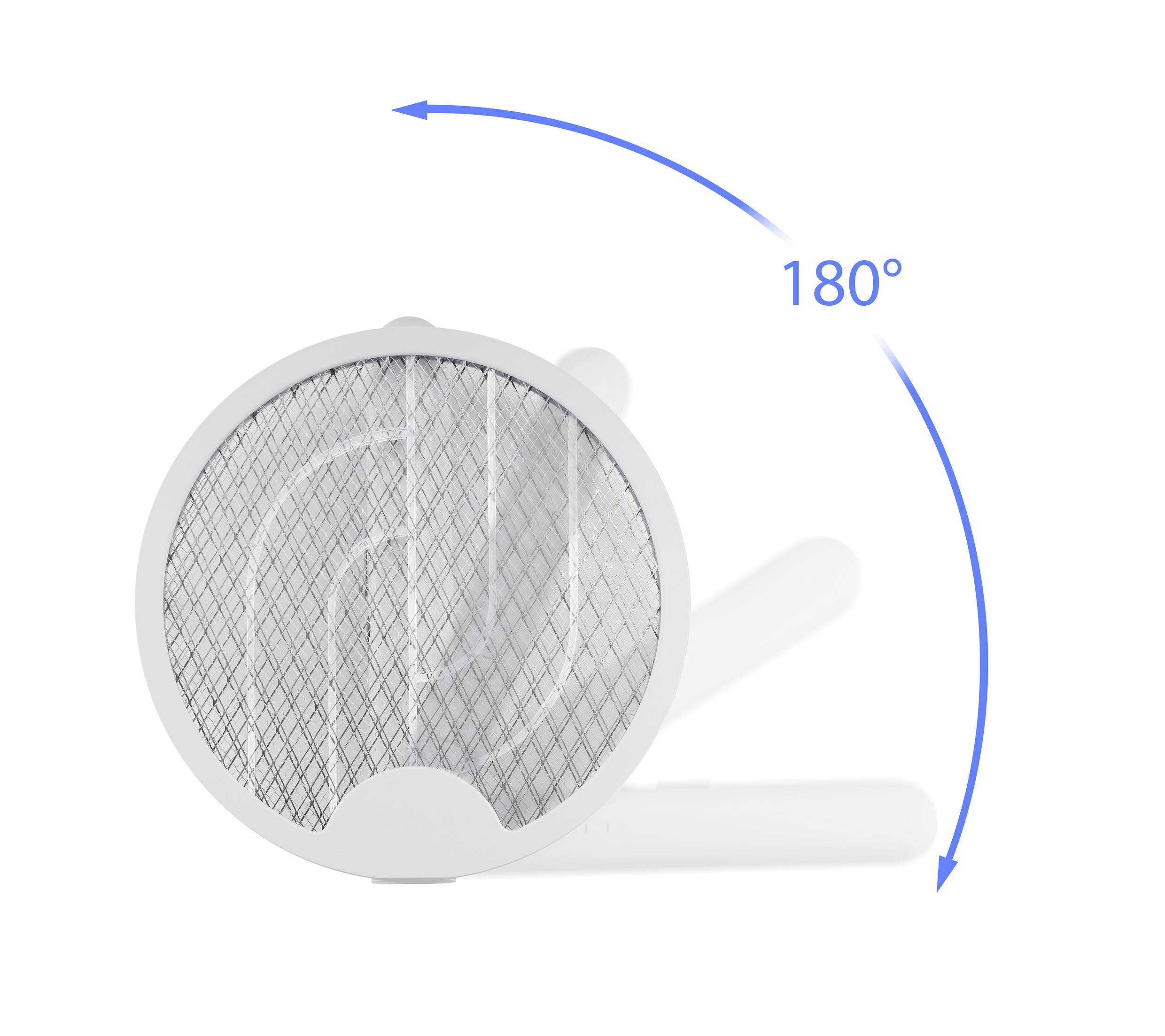 Kulatý ventilační ventilátor se síťovou strukturou ukazuje schopnost otáčení o 180 stupňů, znázorněnou modrým šipkou.