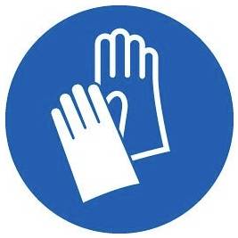 Symbol pro nošení ochranných rukavic: dva bílé rukavice na modrém kruhu, upozornění na ochranné opatření.