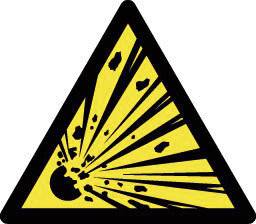 Výstražná značka nebezpečí výbuchu: Žlutý trojúhelník s explodující figurou a černými úlomky.