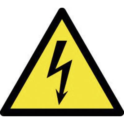 Výstražný symbol elektrického napětí: Žlutý trojúhelník s černou bleskovou šipkou, varuje před úrazem elektrickým proudem.