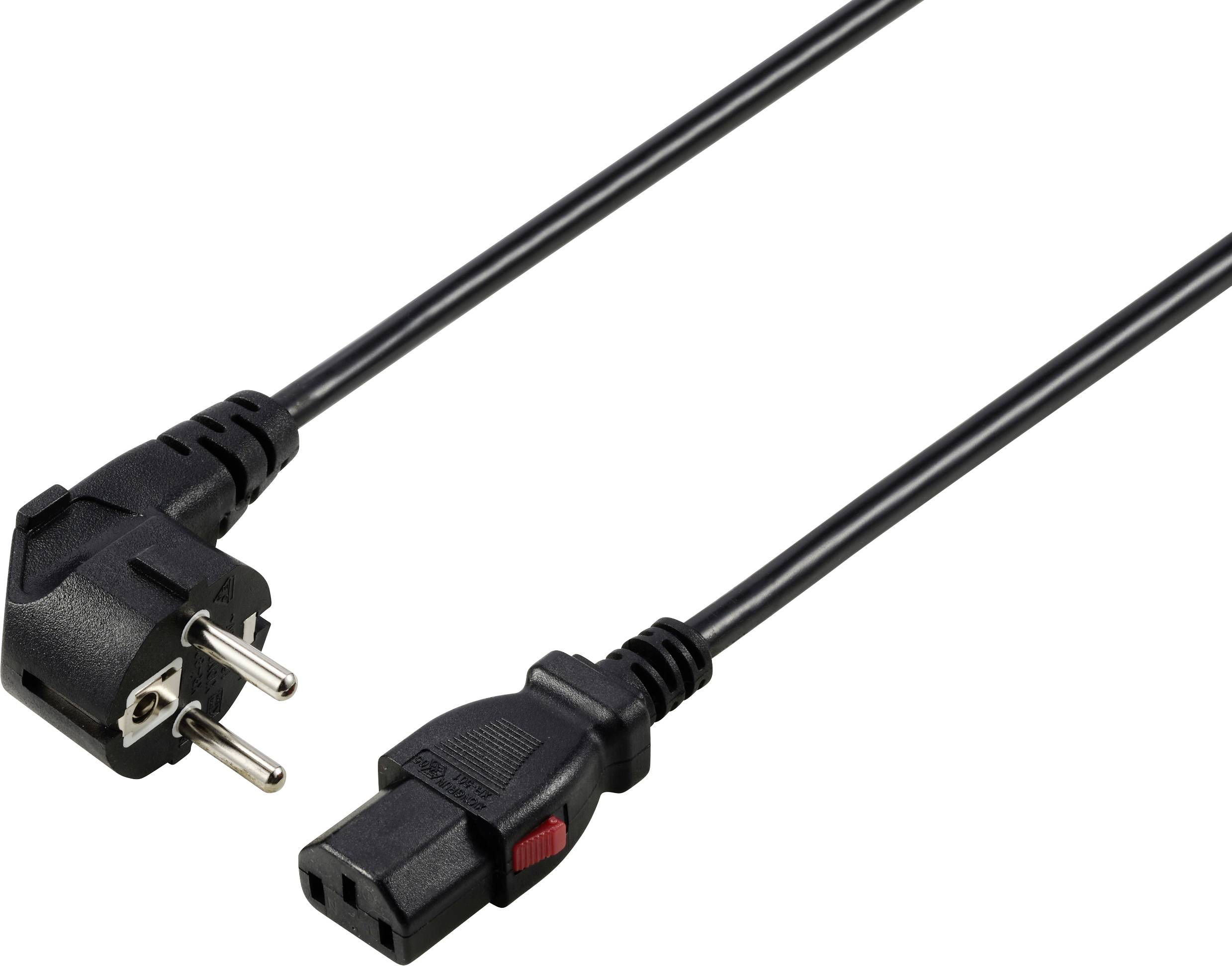 Černý elektrický kabel se Schuko zástrčkou na jedné straně a IEC zástrčkou na straně druhé. Vhodný pro elektronická zařízení.