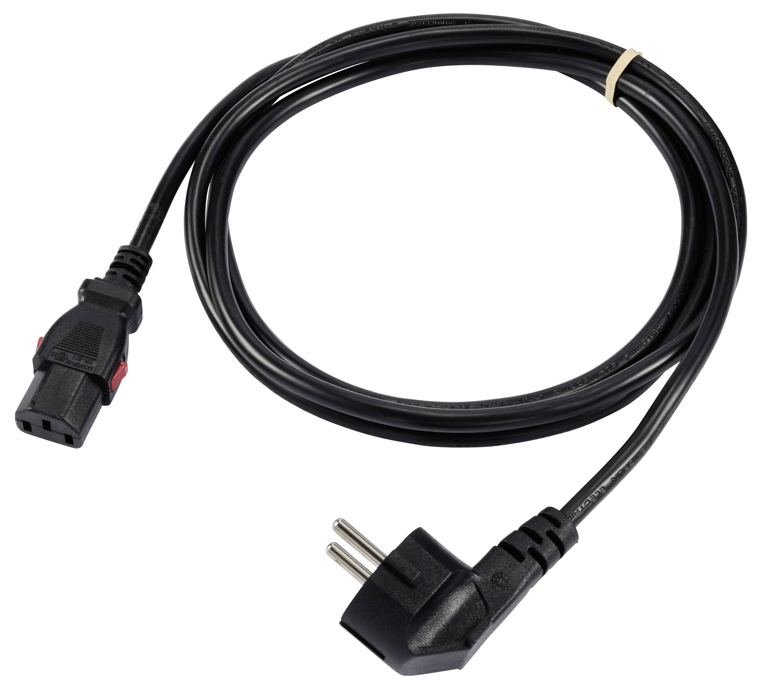 Černý síťový kabel s dvoupólovým konektorem a zásuvkou IEC-320-C13. Vhodný pro připojení elektrických zařízení.