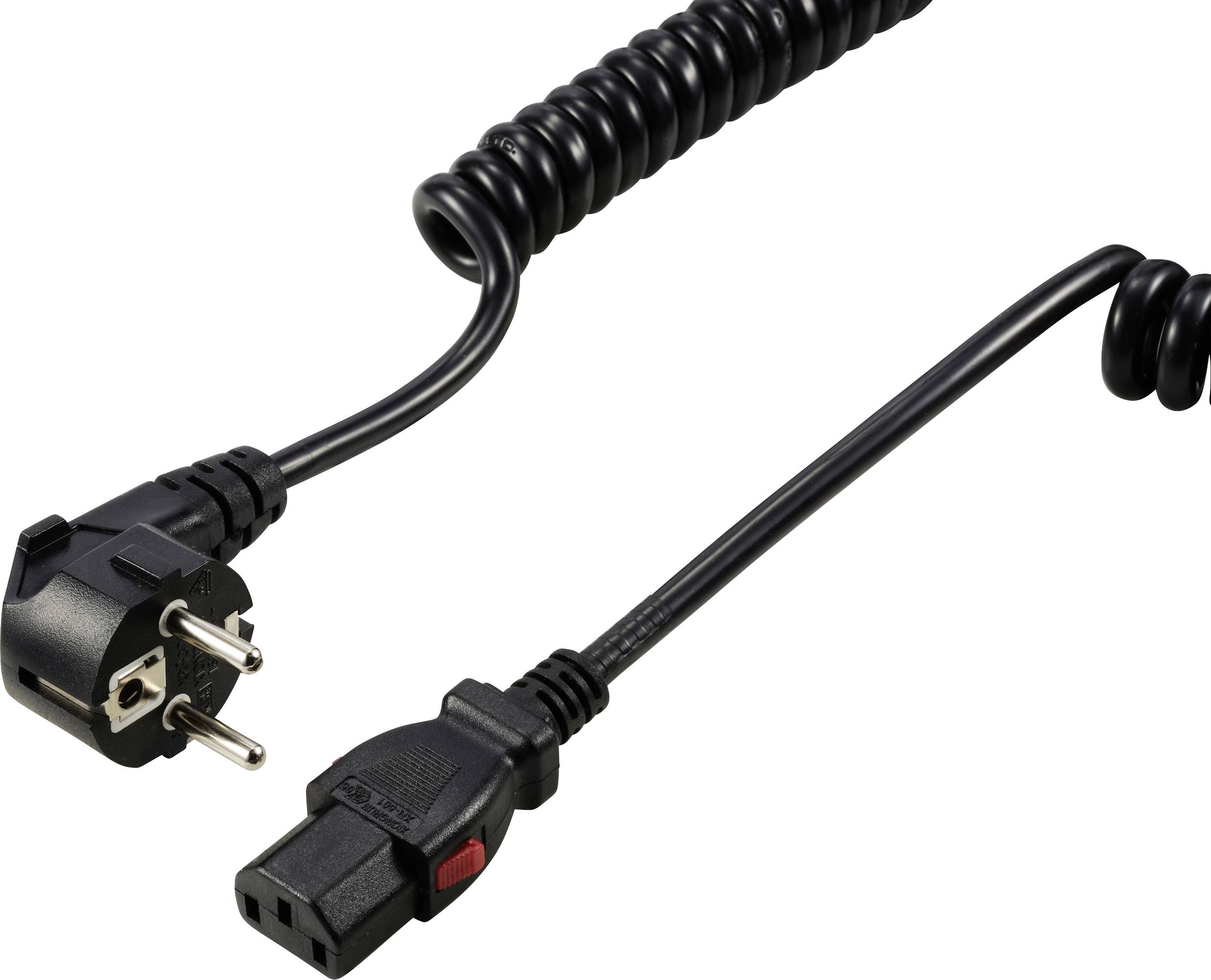 Černý spirálovitý síťový kabel s jednou zástrčkou a přístrojovou koncovkou.