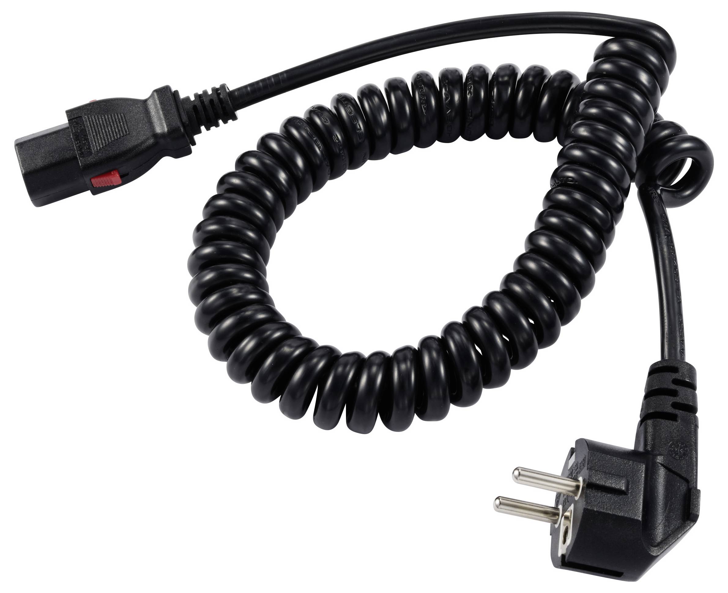 Černý spirálový kabel s eurozástrčkou a konektorem IEC, vhodný pro připojení zařízení v Evropě.