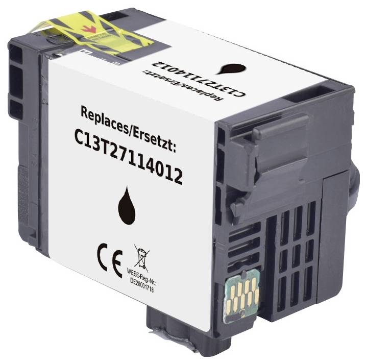 Inkoustová kazeta označená štítkem Replaces/Ersetzt C13T27114012 s ikonou kapky, značkou CE a symbolem recyklace, která indikuje kompatibilitu.