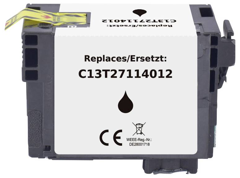 'Náhradní inkoustová cartridge, model C13T27114012. Kompatibilní. Černý inkoust. Certifikováno CE a WEEE.'