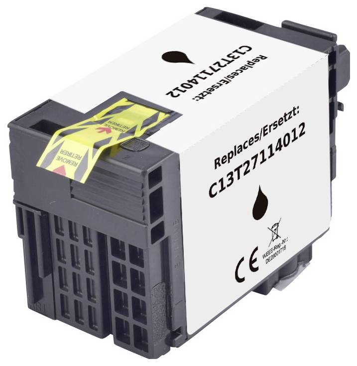Černá inkoustová cartridge označená štítkem 'Nahrazuje C13T27114012' s žlutou výstražnou visačkou a symboly pro recyklaci.