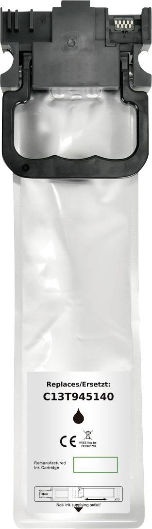 Průhledná plastová inkoustová cartridge označená štítkem 'Replaces/Remplacé: C13T945140'. Vhodná pro specifické tiskárny, kompatibilní s normami CE.