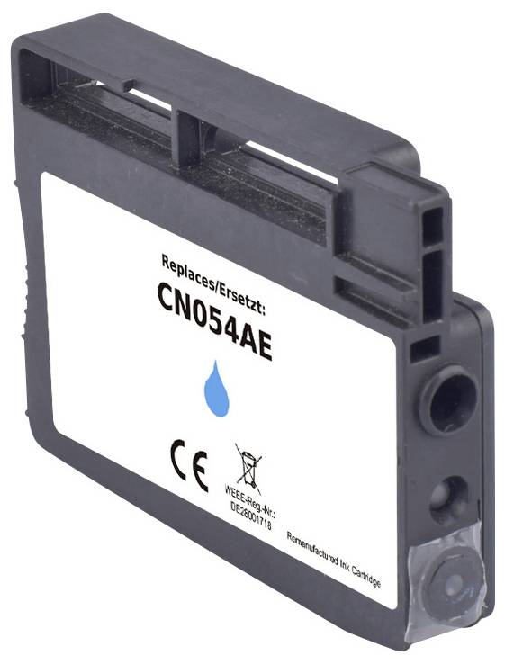Černá inkoustová kazeta označená štítkem 'Náhrada/Replaces: CN054AE' s modrou ikonou kapky, značkou CE a recyklačními symboly, určená pro tiskárny.