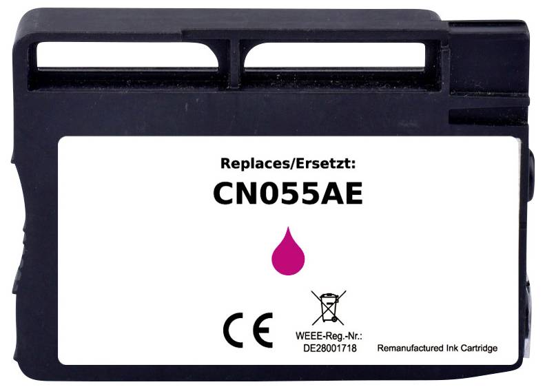 Inkoustová kazeta označená "Nahrazuje/Nahradí: CN055AE" se symbolem růžové kapky. Obsahuje symbol recyklace a registrační číslo WEEE.