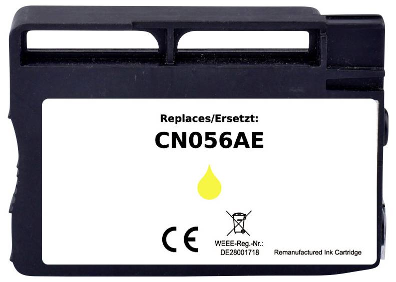 Renovovaná inkoustová kazeta CN056AE pro tiskárny HP, symbol žluté kapky, značka CE a informace o recyklaci