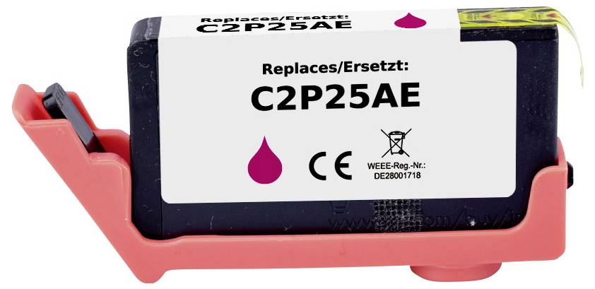 Inkoustová kazeta označená štítkem 'Nahrazuje/Ersetzt: C2P25AE' s ikonou kapky v purpurové barvě, což naznačuje, že nahrazuje toto konkrétní modelové číslo.