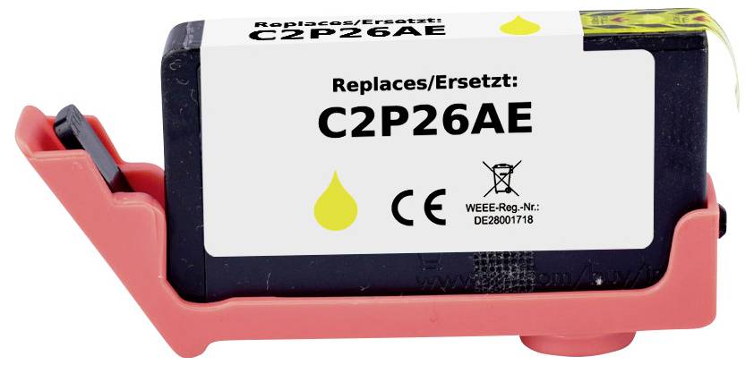 Obrázek inkoustové kazety označené "Replaces/Ersetzt: C2P26AE" se symbolem žluté kapky, umístěné na červeném držáku.