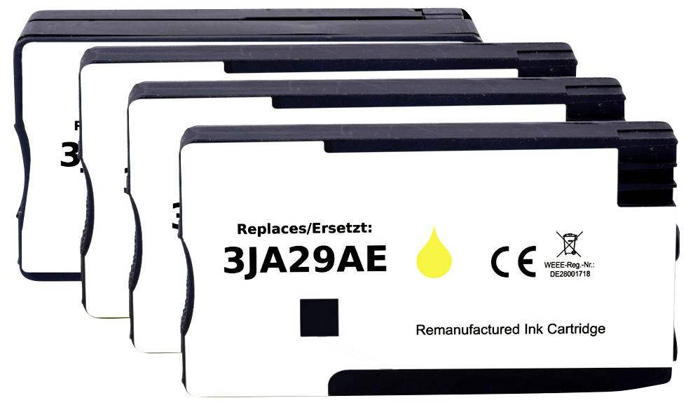 Čtyři černobílé repasované inkoustové cartridge, označené štítkem 'Replaces/Ersetzt: 3JA29AE', s žlutou kapkou a recyklačními symboly.