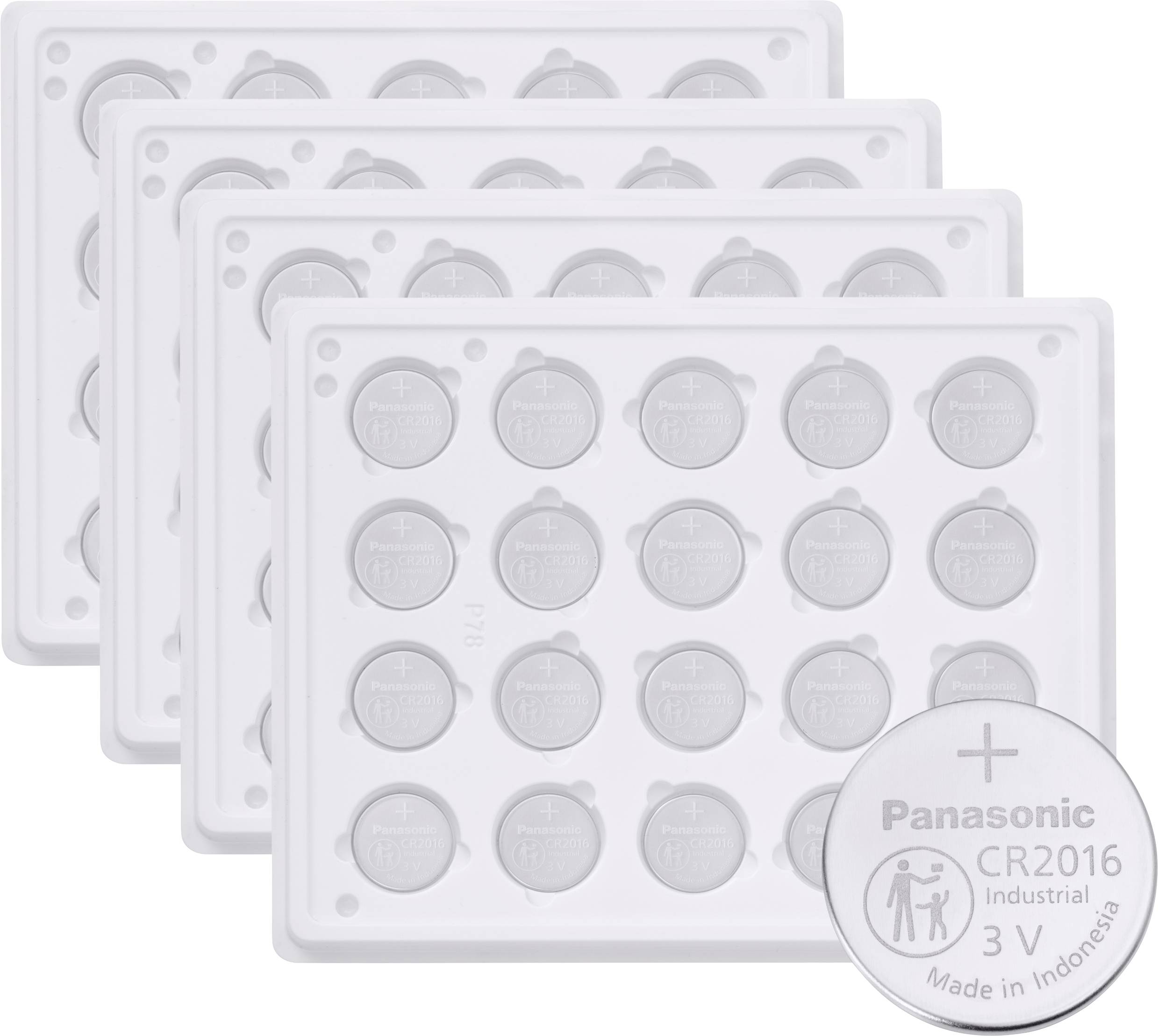 Lithiové baterie Panasonic CR2016 průmyslové 3V ve čtyřech tacích, každý s 20 bateriemi, označené „Vyrobeno v Indonésii".