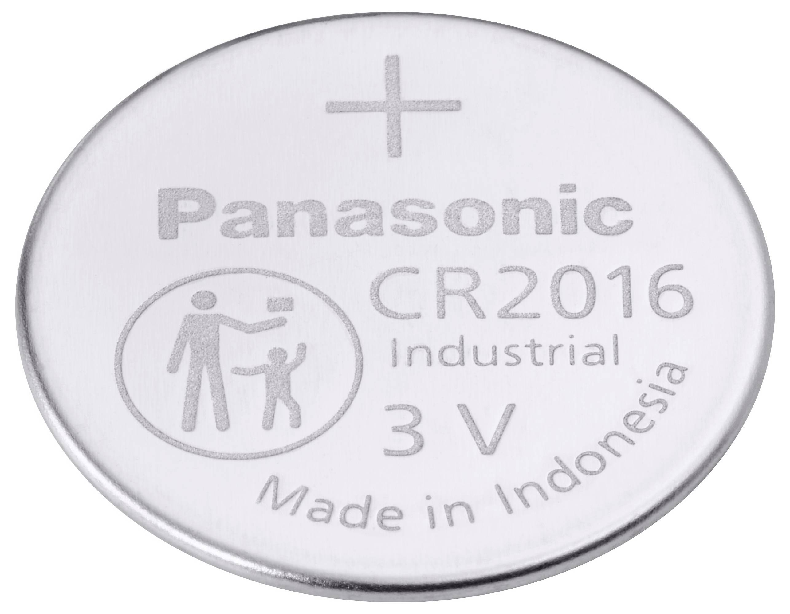 Stříbrná lithiová baterie Panasonic CR2016, na které je nápis „3 V Industrial, Vyrobeno v Indonésii" s výstražnou ikonou bezpečnosti dětí, kladným pólem nahoru.