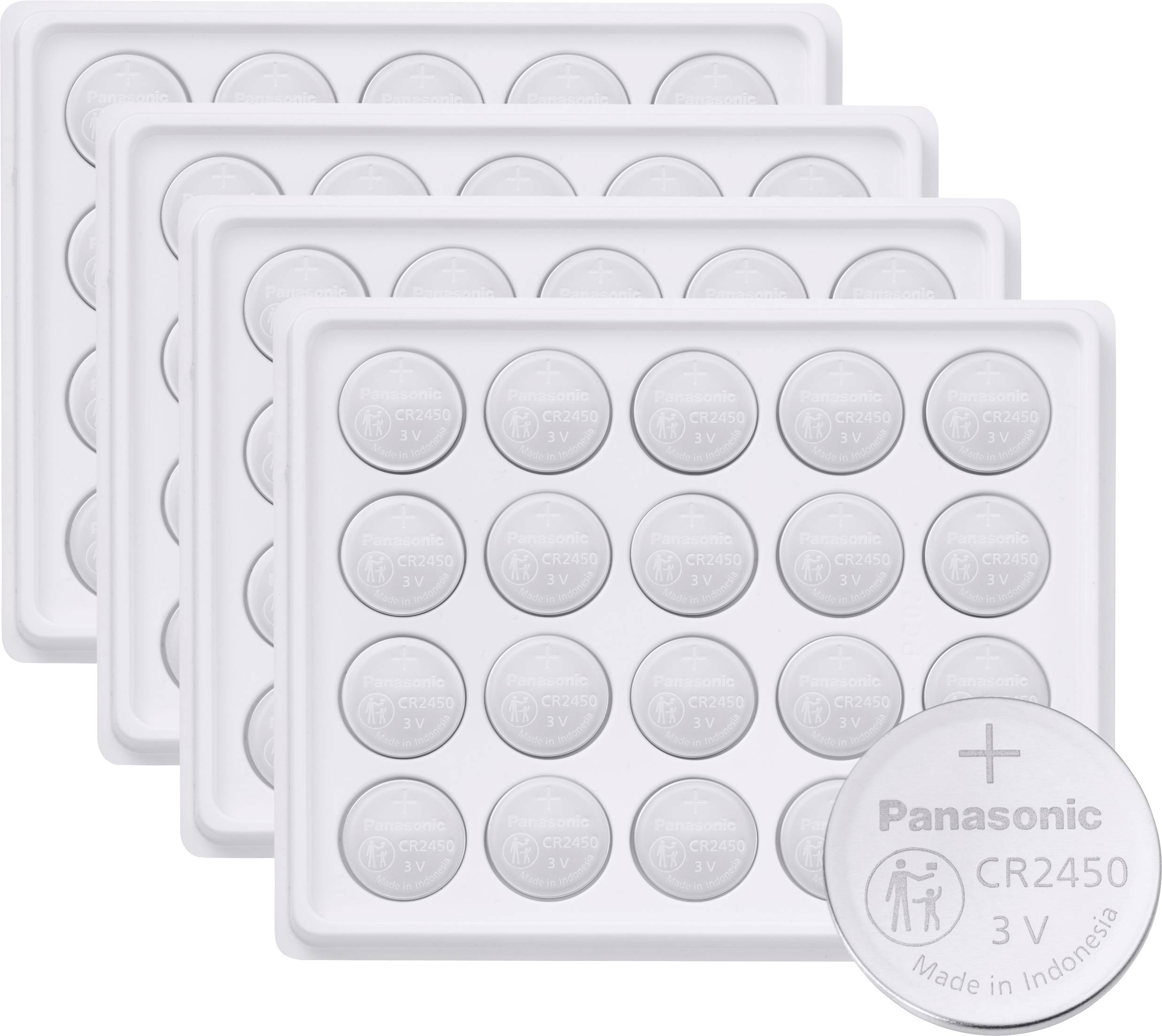 Čtyři podnosy, každý obsahující 20 lithiových baterií Panasonic CR2450 3V, označené jako vyrobené v Indonésii.