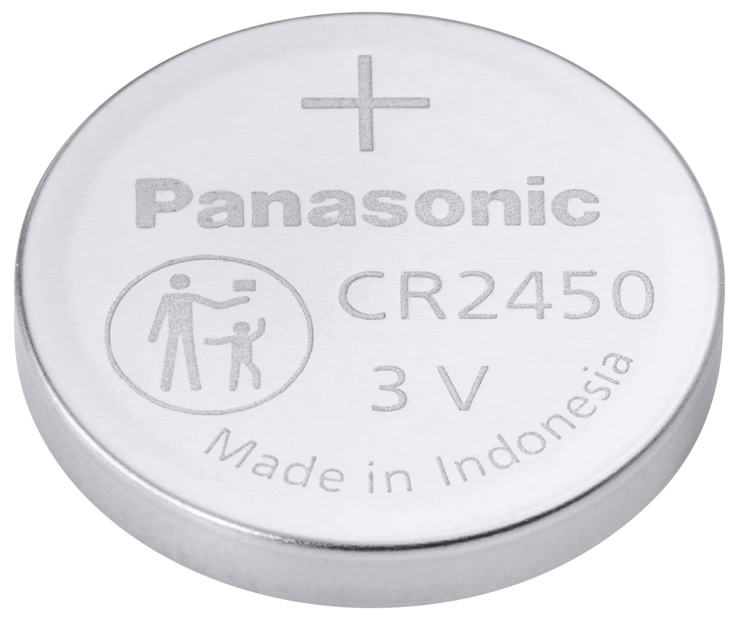 Lithiová knoflíková baterie Panasonic CR2450 3V, vyrobená v Indonésii, s výstražným symbolem upozorňujícím na riziko spolknutí u dětí.