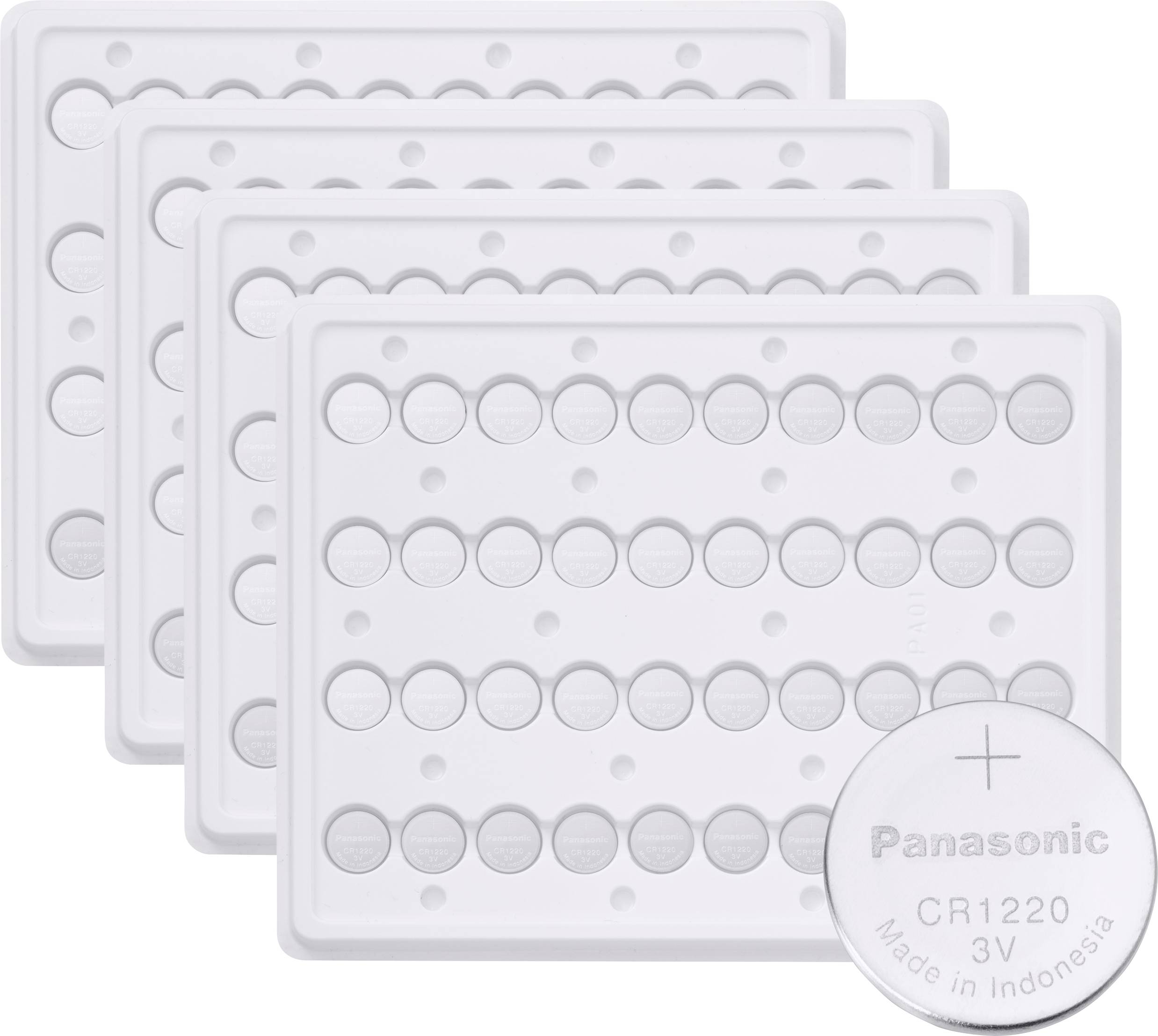 Baterie Panasonic CR1220 3V, balení čtyř kusů, uspořádané v mřížce. Každá baterie je označena výrobními údaji.
